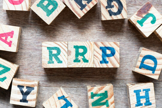 Alphabet letter block in word RRP (Abbreviation of recommended retail price) and another letter on wood background