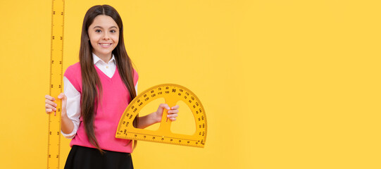 happy kid girl use protractor ruler to learn mathematics, measurement. Banner of schoolgirl...