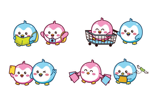 Set of cute kawaii couple blue and pink little penguin for social media sticker emoji traveling shopping selfie no money emoticon