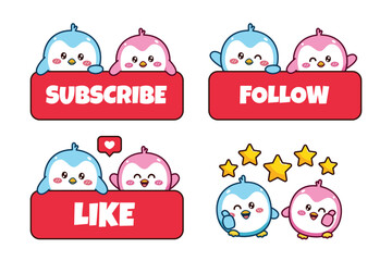Set of cute kawaii couple blue and pink little penguin for social media sticker emoji subscribe follow like perfect emoticon