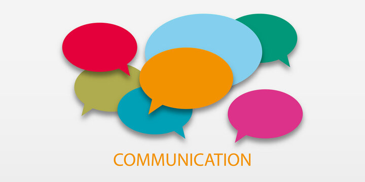  illustration of communication concept. Word communication with colorful dialog speech bubbles. Paper cut style on white isolated background. Community concept