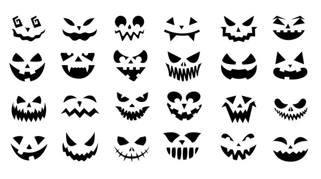 Halloween faces. Creepy doodle smiling face expressions with angry eyes for horror posters, evil ghosts and jack lantern faces. Vector isolated set