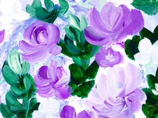 Obraz premium Abstract purple flowers, original hand drawn, impressionism style, color texture, brush strokes of paint, art background.