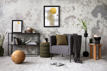 Loft style of modern apartment with grey armchair, black design shelf, mock up poster frame,...