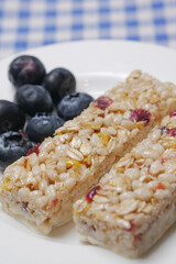 blue berry oat protein bars on table 