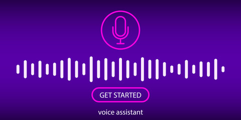 Voice assistant concept. Neural network.  illustration with sound wave and microphone. The concept of communication with artificial intelligence. Start button screen.