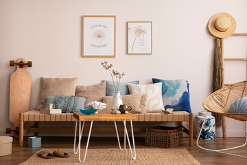 Sunny and bright space of living room with stylish sofa, long board, coffee table, mock up poster frames, decorations, furnitures and personal accessories. Cozy home decor. Template. Summer vibe.