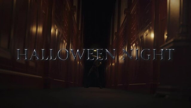 Animation of halloween night text over scary zombie figure in dark corridor