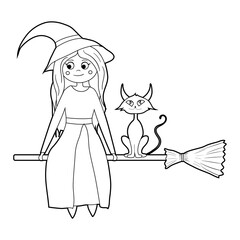 Obraz premium Coloring book for kids, cartoon witch flying on a broom with a cat. Vector isolated on a white background.
