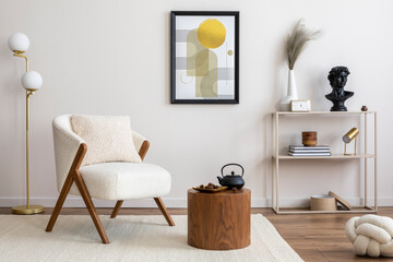 Interior design of harmonized living room with mock up poster, white armchair, lamp, consola and personal accessories. Beige wall. Home decor. Template.