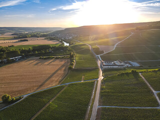 Aerial sunset view of Vineyards in the Champagne wine making region of France during the summer