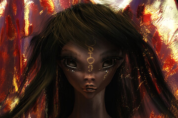 Artistic 3D Illustration of a female alien face - 529216905