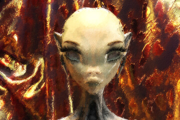 Artistic 3D Illustration of a female alien face - 529217188