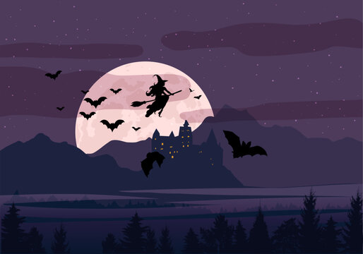 Silhouette of a whitch on full moon background, flock of bats, Castle, mountain landscape. Cartoon, vector illustration. Halloween scene
