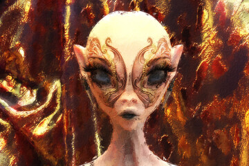 Artistic 3D Illustration of a female alien face - 529217341