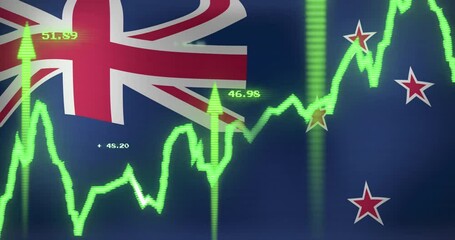 Animation of data processing over flag of new zealand - Powered by Adobe
