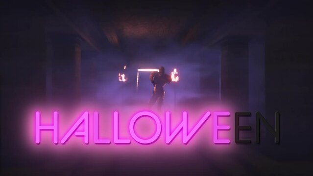 Animation of halloween text over zombie walking