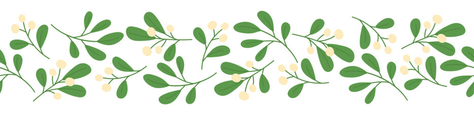 Seamless border with mistletoe branches. Template for winter Christmas design 