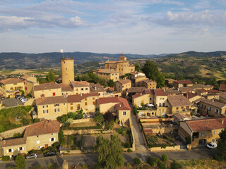 Fototapeta na wymiar Aerial sunrise view above the village of Oignt in Beaujolais France
