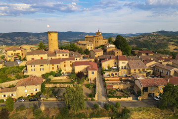 Aerial sunrise view above the village of Oignt in Beaujolais France