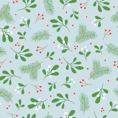 Seamless pattern with winter twigs on blue background. Good for fabric, wallpaper, packaging, textile, web design.