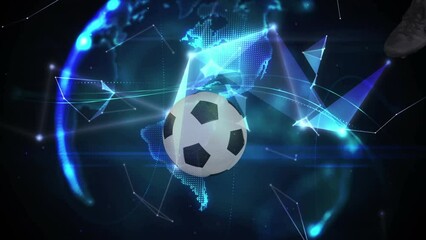 Animation of globe and football over caucasian male soccer player - Powered by Adobe