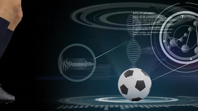 Animation of data processing and football over caucasian male soccer player