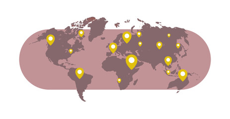 World map worlds pins and travel concept flat vector illustration.
