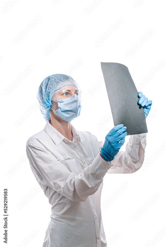 Sticker female doctor in medical mask on the face and gloves on a white background