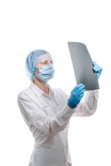 female doctor in medical mask on the face and gloves on a white background