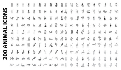 200 animal icons set. Cartoon illustration of 100 animal icons vector set isolated on white background