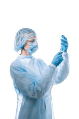 female doctor in medical mask on the face and gloves on a white background - 529219595