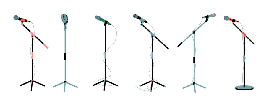 Microphone on stand. Mic instruments for concert stage performance, studio interview recording, broadcasting music audio equipment cartoon flat style. Vector isolated set