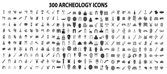 300 archaeology center icons set in flat style for any design vector illustration - obrazy, fototapety, plakaty