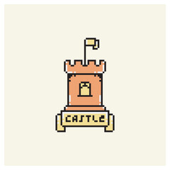 Vector illustration of castle with flag in pixel art style