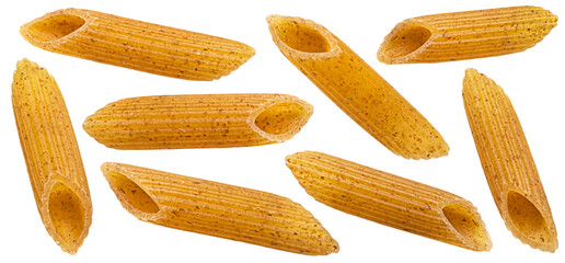 Wholegrain penne rigate pasta isolated on white background