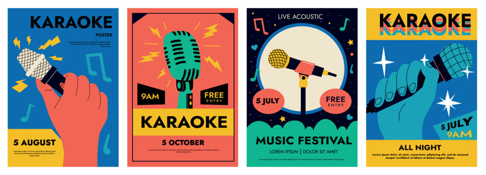 Microphone posters. Cartoon advertising wallpaper for standup open mic comedy, karaoke club, flyer banner design for broadcast music concert promotion. Vector illustration