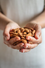 Woman holding almond nuts in hands on fresh background