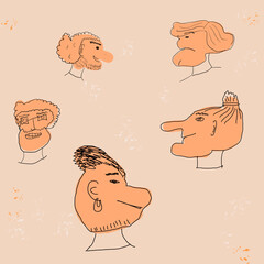 A set of funny men with strange hairstyle peachy background