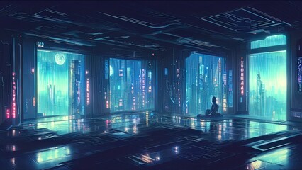 Plakat Futuristic and sci-fi dark room interior design with neon light in Japanese traditional motifs. Japanese landscape behind a large window in a dark room. Sakura, moon, city, movement. 3D illustration.