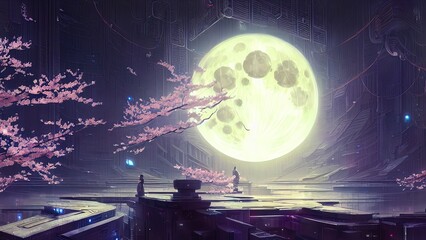 Futuristic and sci-fi dark room interior design with neon light in Japanese traditional motifs. Japanese landscape behind a large window in a dark room. Sakura, moon, city, movement. 3D illustration.