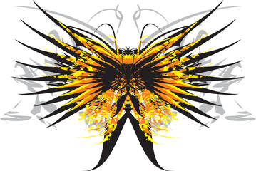 Dangerous butterfly in black-orange tonality isolated on white. Gothic butterfly wings for fabrics, shield emblems, prints, textiles, interior solutions, fashion trends, tattoos, graphics on vehicles