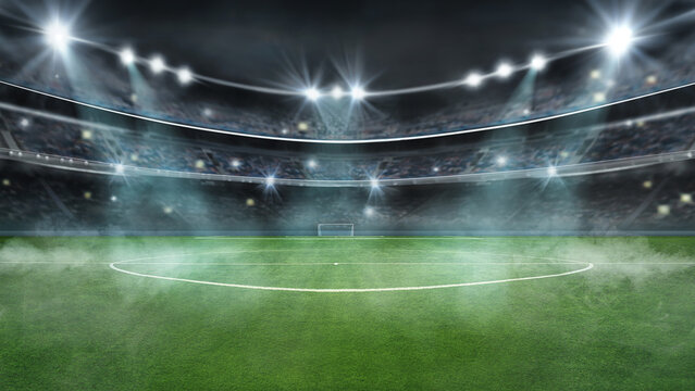  Football stadium, shiny lights, view from field 3D Illustration