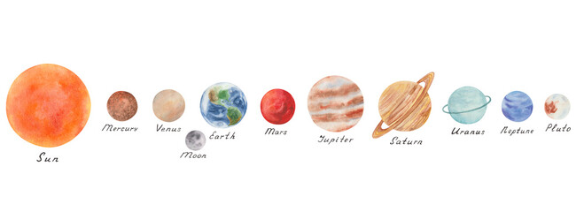 Solar system planets with star Sun and satellite Moon. Mercury, Venus, Earth, Mars, Jupiter, Saturn, Uranus, Neptune, Pluto. Watercolor illustration, hand painted. Isolated space objects © Olga Sidelnikova