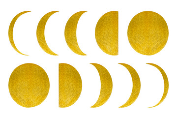Watercolor hand drawn illustration of moon phases from new moon to full moon with texture