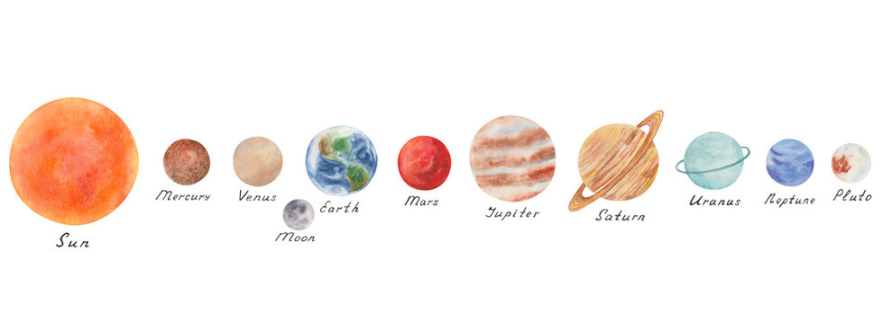 Solar system planets with star Sun and satellite Moon. Mercury, Venus, Earth, Mars, Jupiter, Saturn, Uranus, Neptune, Pluto. Watercolor illustration, hand painted. Isolated space objects