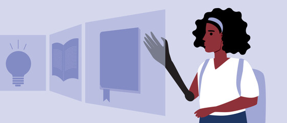 African student with disability with prosthesis and hologram, technological flat vector stock illustration as concept of modern education into cyberspace