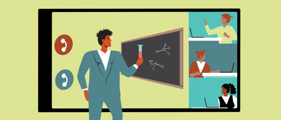 African chemistry teacher lectures online, flat vector stock illustration as e-learning concept