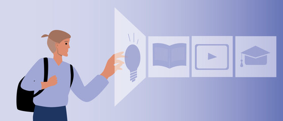 College or university student and hologram, modern flat vector stock illustration as concept of online education and digital technologies