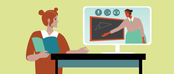 Student in modern library with computer monitor, flat desktop illustration with online lecture